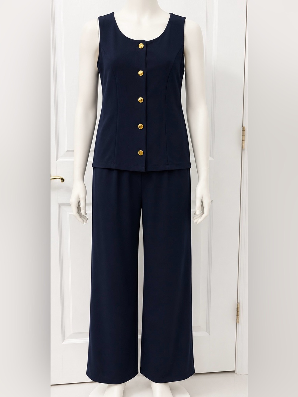 Navy Wide-Leg Pant Set with Gold Buttons